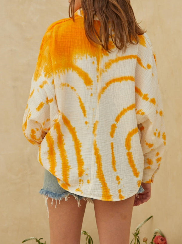 by together wild ride abstract long sleeve gauzy top, button front, pocket, orange, ivory