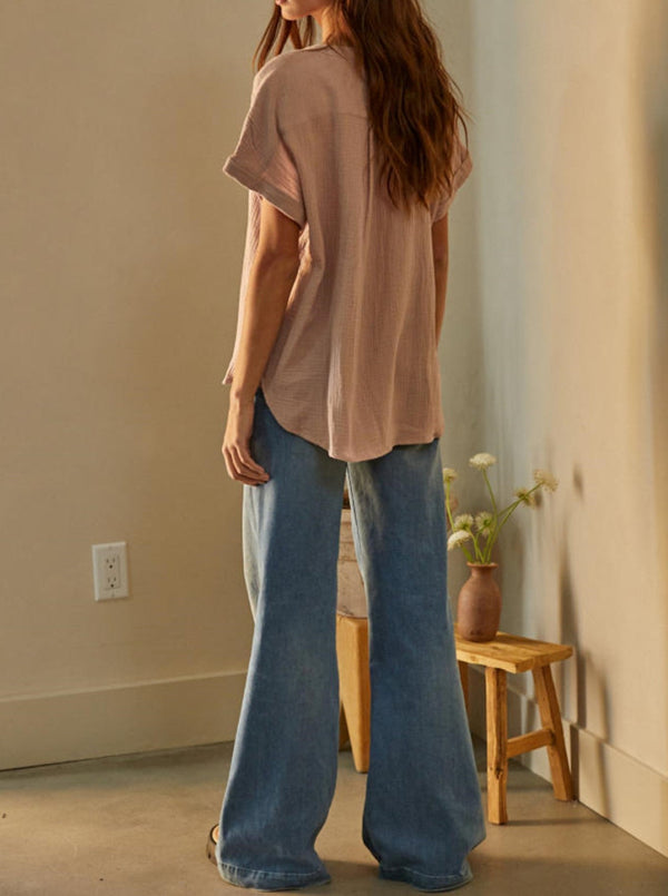 by together patricia short sleeve top, half button placket, cotton gauzy fabric, dusty rose