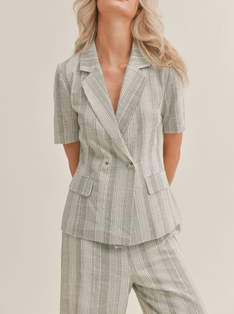 sage the label roman striped short sleeve jacket, double breasted, front pockets, ivory, olive stripe