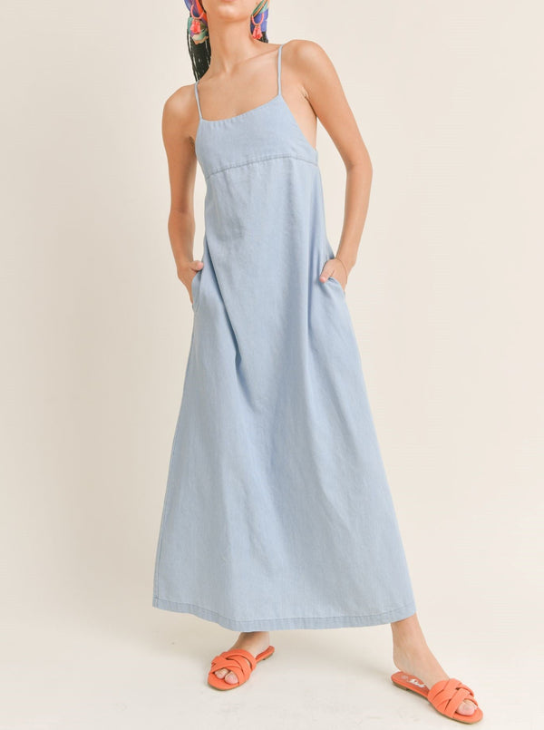sage the label Vintage Blues Maxi Dress, sleeveless, cami straps, low back, side pockets, chambray