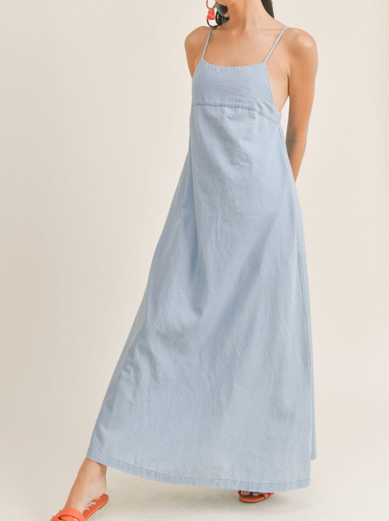 sage the label Vintage Blues Maxi Dress, sleeveless, cami straps, low back, side pockets, chambray