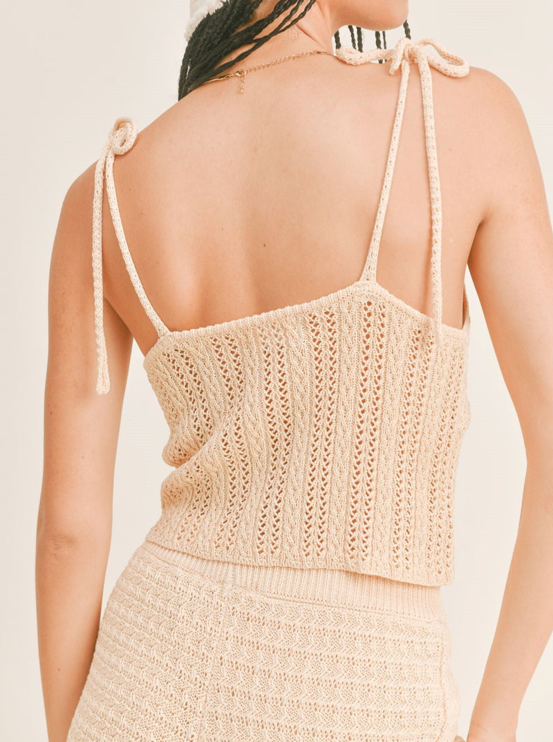 sage the label Angelina Pointelle Cami, v neck, adjustable straps, cropped, open knit design, butter