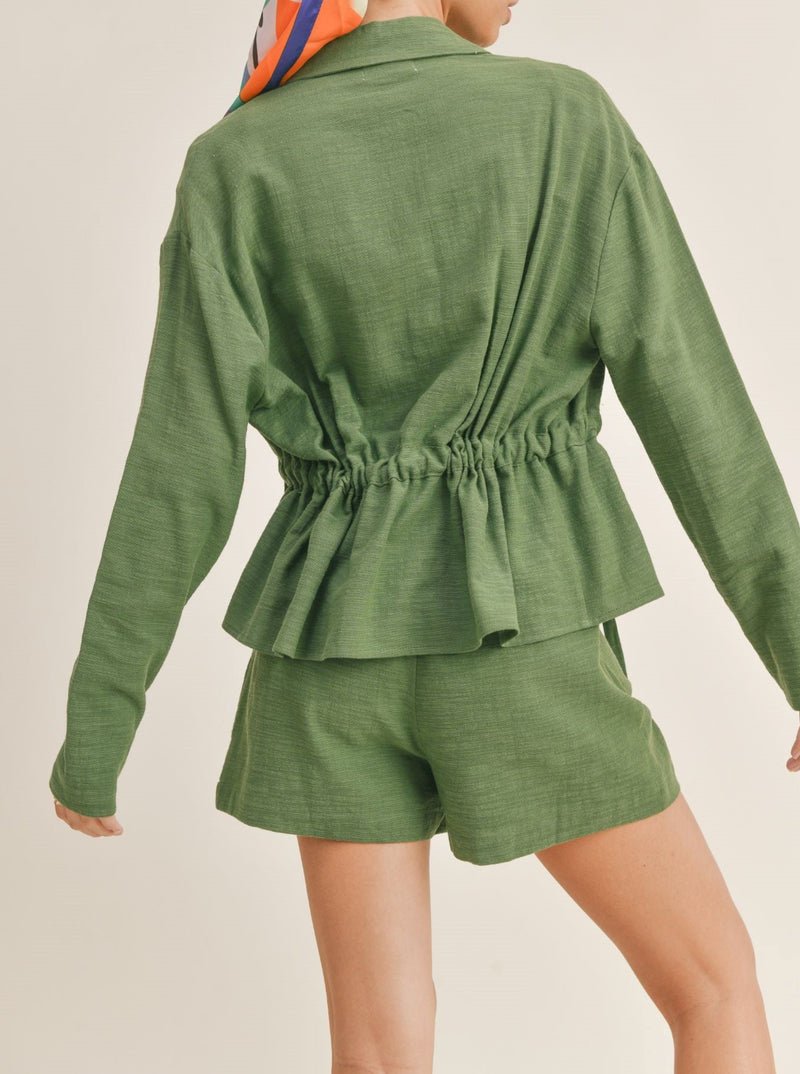 sage the label City Nights Cinched Waist Shacket, collar, front pockets, long sleeves, hunter green