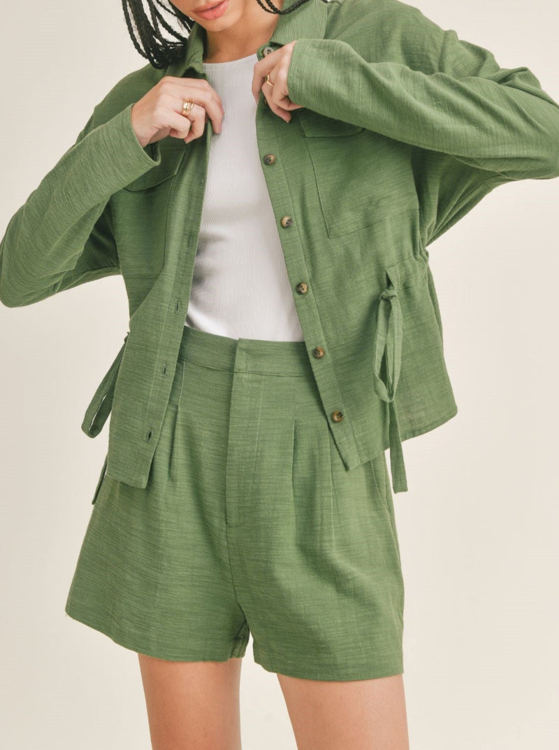 sage the label City Nights Cinched Waist Shacket, collar, front pockets, long sleeves, hunter green