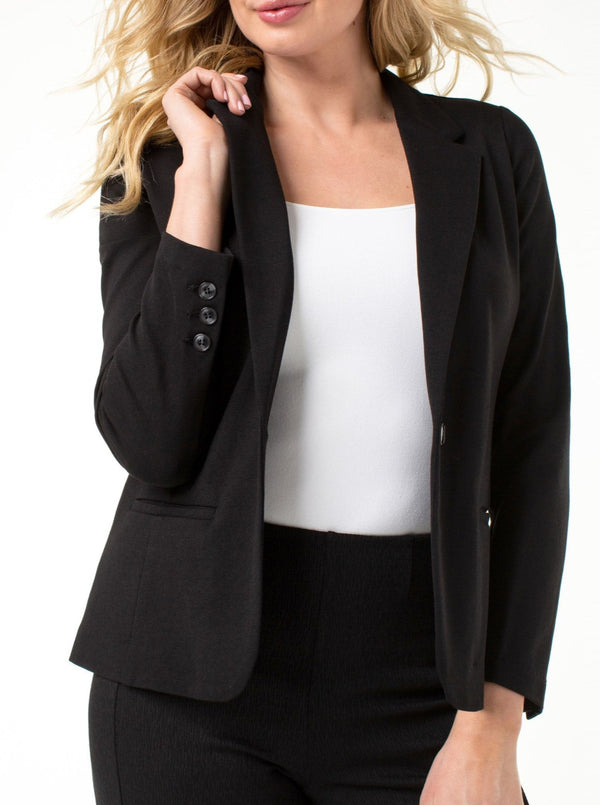 liverpool fitted blazer, solid, black, single button front, notch collar, welt pockets, fitted seams, black