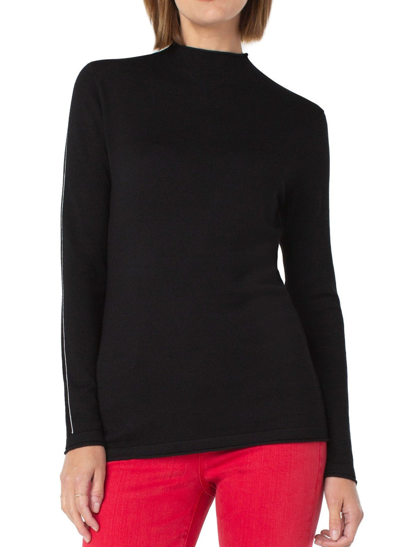 liverpool mock neck sweater, long sleeve with contrast stirpe detail, rolled edge neck, cuffs and hem, black