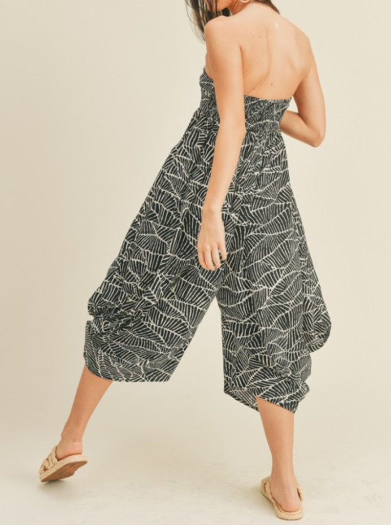 lush abstract print strapless twist front jumpsuit, black, cream