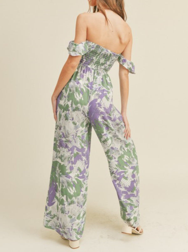 lush off the shoulder floral jumpsuit, strapless, smocked back, wide leg, sage, lavender