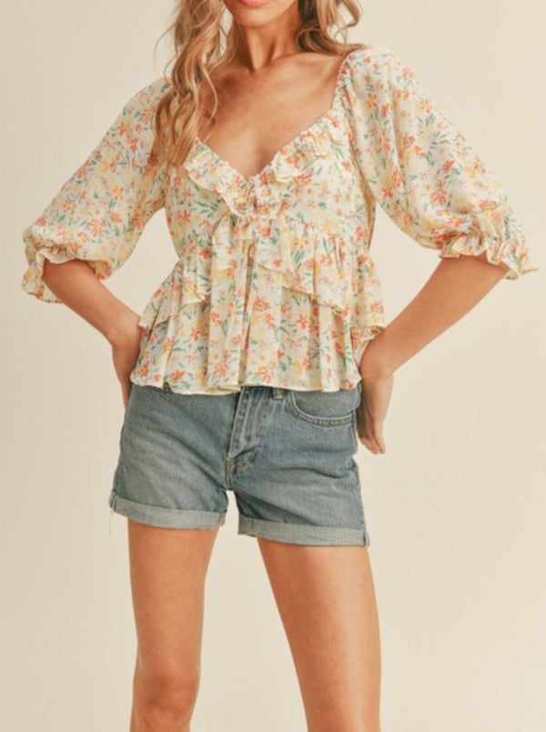 lush ruffle floral print top, v neck, 3/4 sleeve, yellow floral 