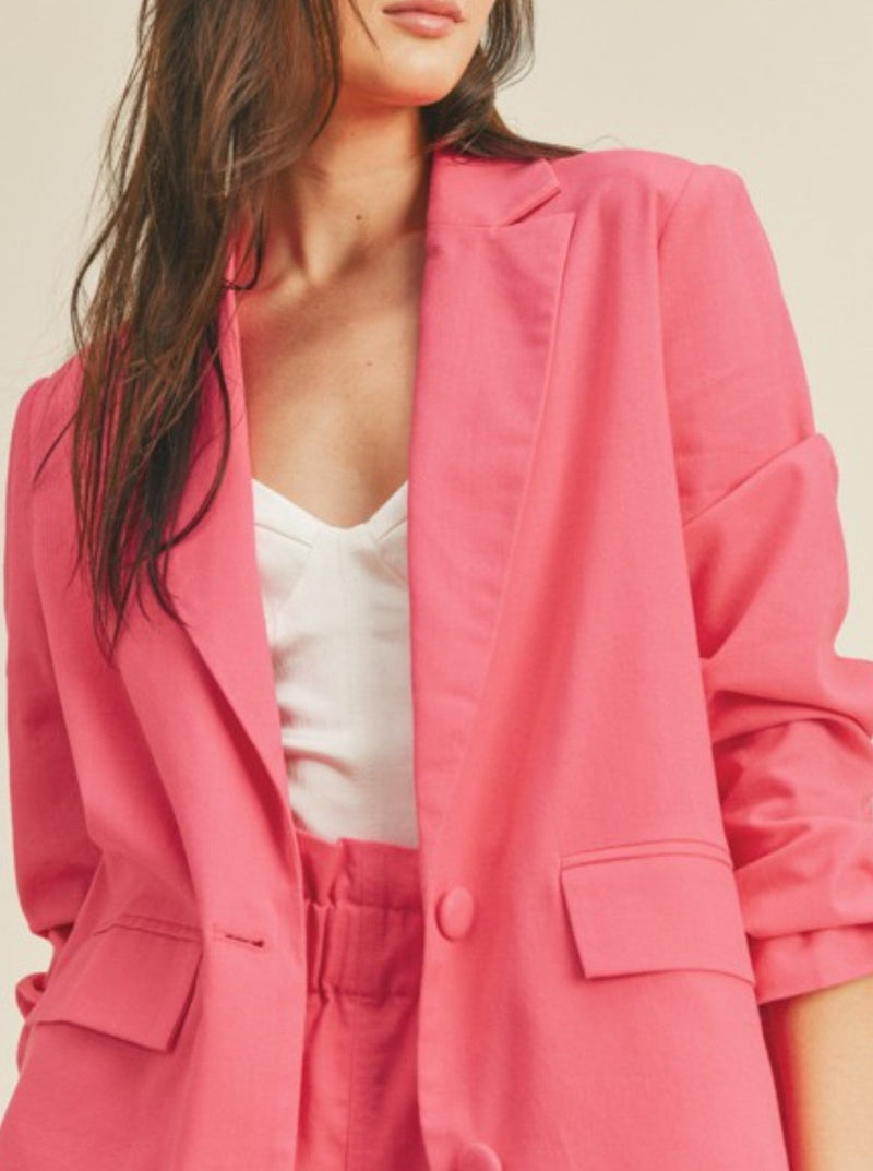 lush linen blend blazer, notch collar, front flap pockets, back vent, pink