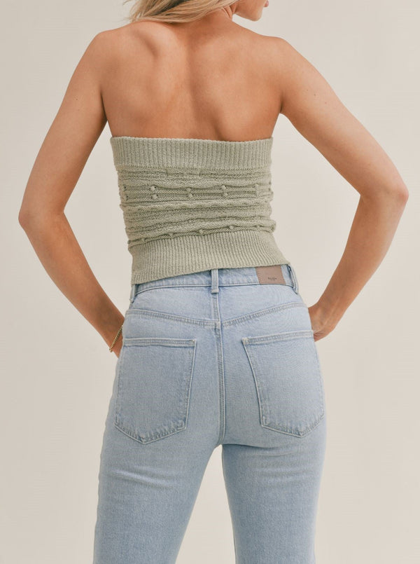sage the label Moonlit Cable Tube Sweater Top, strapless, cropped, sage green