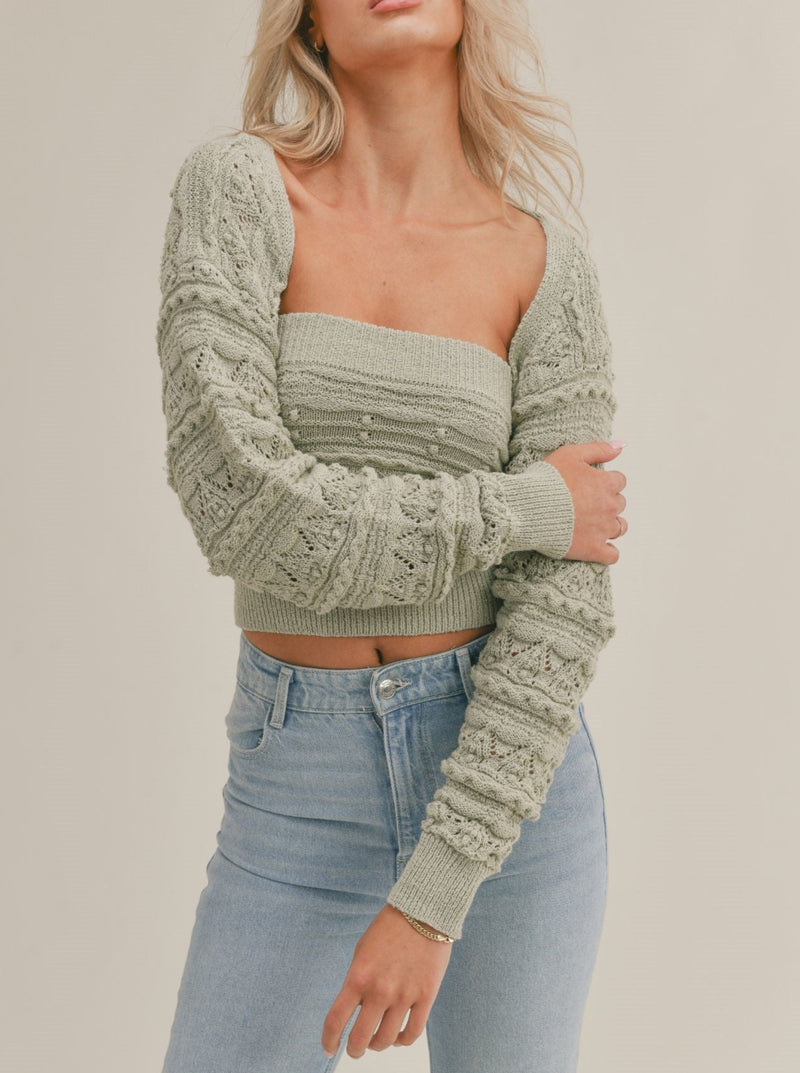 sage the label moonlit cable knit shrug, long sleeves, open front, cropped, sage