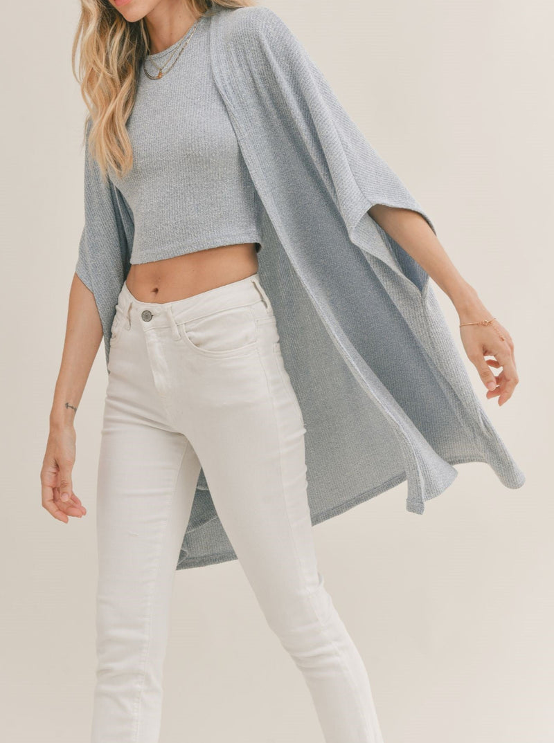 sadie and sage pool party knit ruana, kimono sleeve, open front, ribbed knit, chambray blue