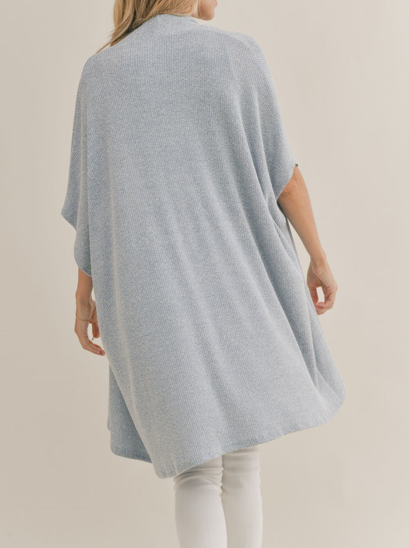 sadie and sage pool party knit ruana, kimono sleeve, open front, ribbed knit, chambray blue