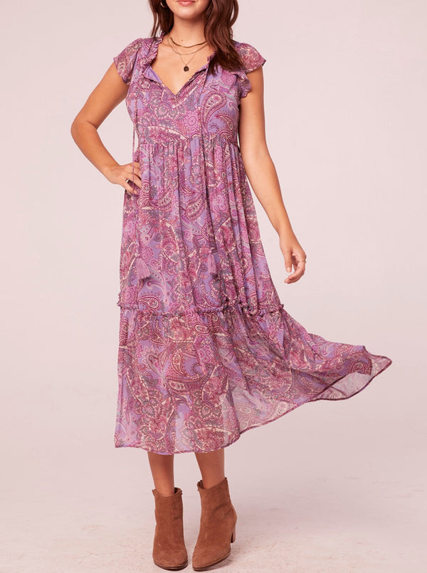 band of the free priyanka paisley floral print midi dress, flutter cap sleeves, tiered skirt, lavender,berry