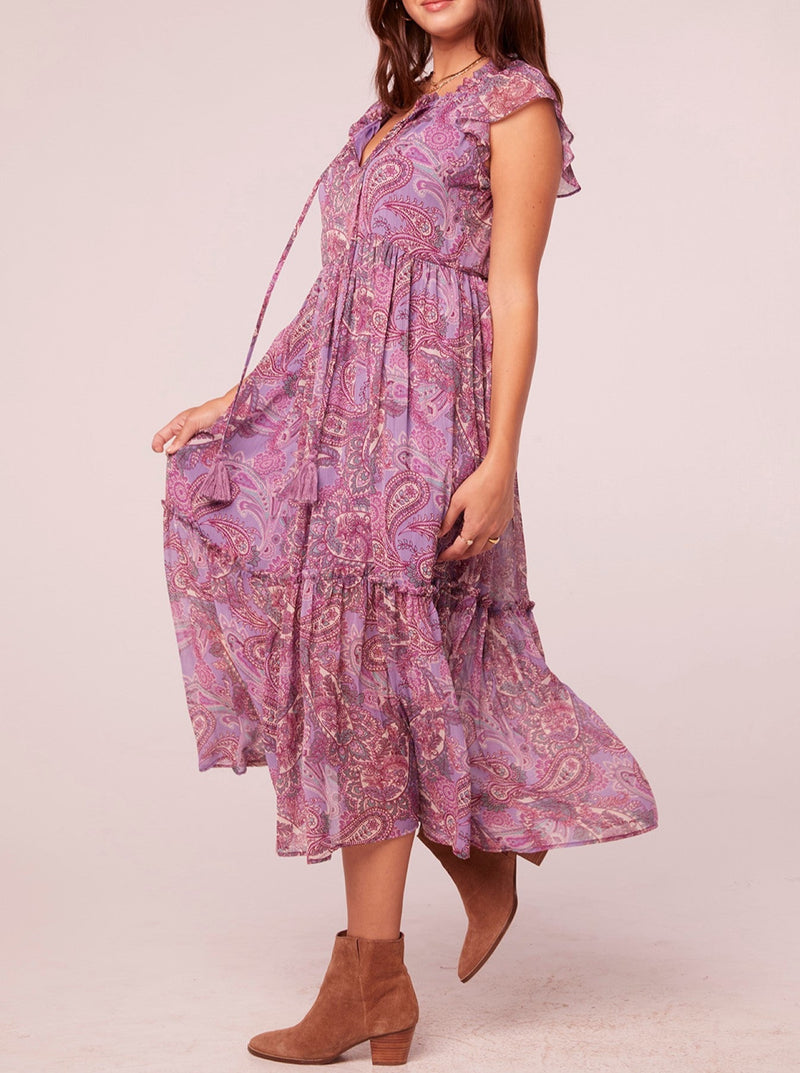 band of the free priyanka paisley floral print midi dress, flutter cap sleeves, tiered skirt, lavender,berry