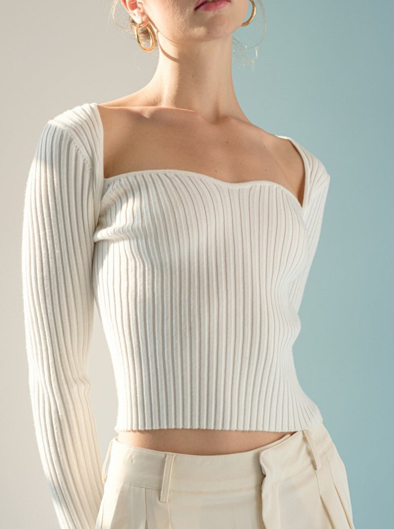 papermoon sweetheart ribbed long sleeve top, ivory
