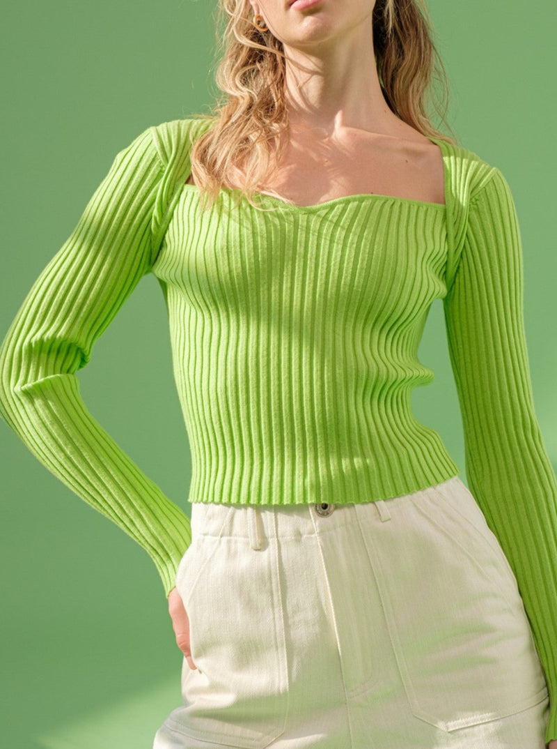papermoon sweetheart ribbed long sleeve top, lime