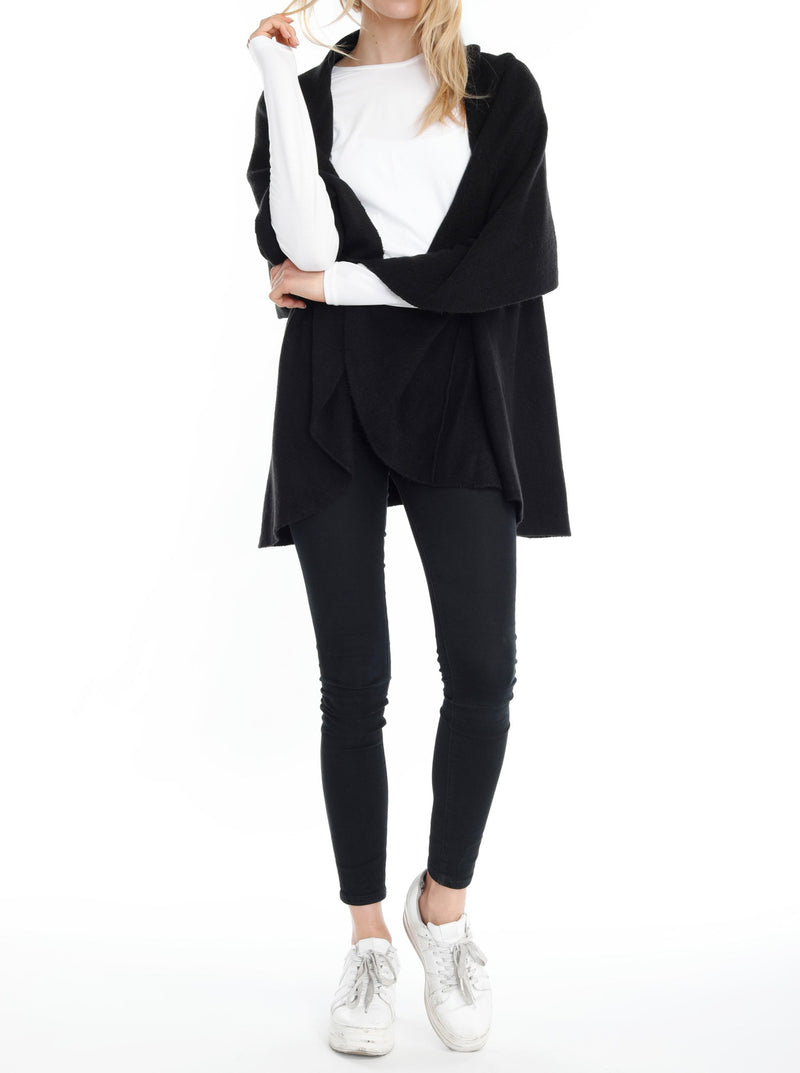 Look By M | The Convertible Shawl Vest in Black | front view on model with long shawl collar