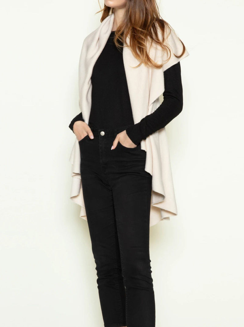 Look By M | The Convertible Shawl Vest in Cream | front view on model with short shawl collar