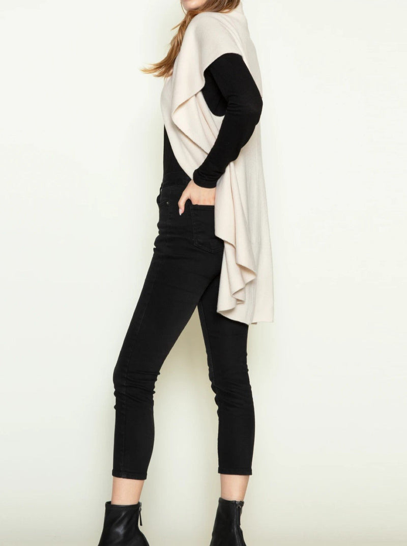 Look By M | The Convertible Shawl Vest in Cream | Side view on model with short shawl collar