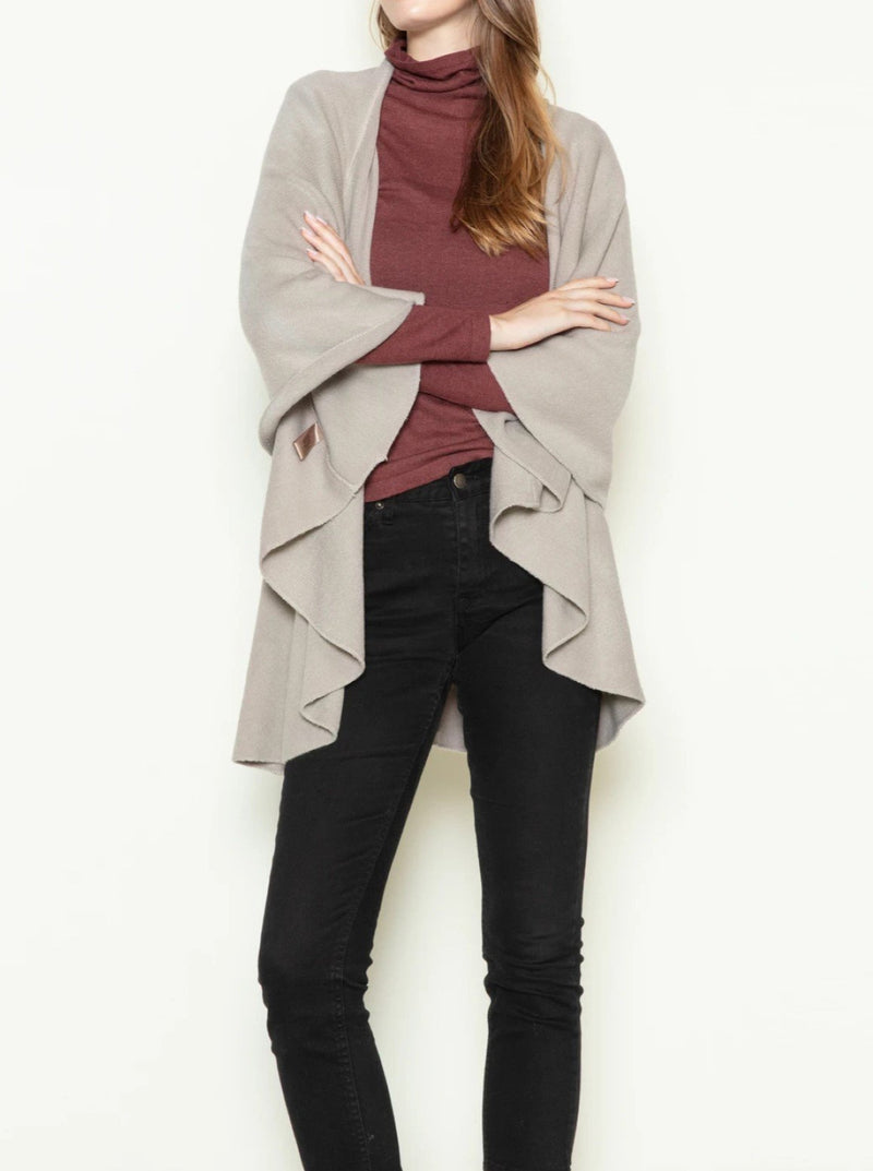 Look By M | The Convertible Shawl Vest in Grey | front shawl view on model