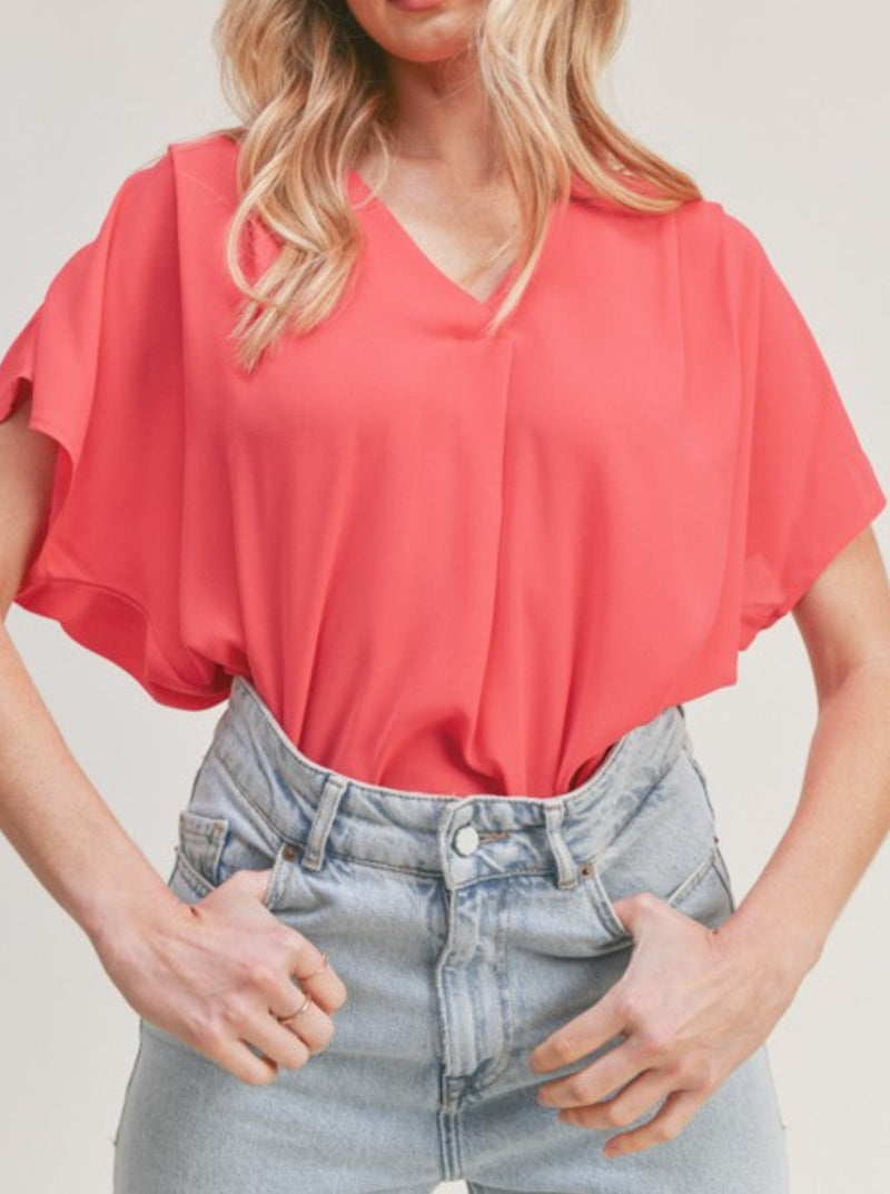 lush short sleeve v neck tunic top, bold pink
