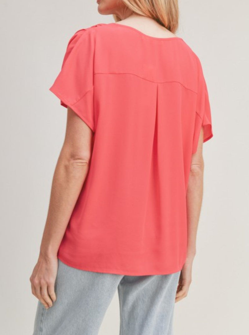 lush short sleeve v neck tunic top, bold pink