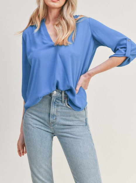 Solid V Neck Tunic Blouse - blue