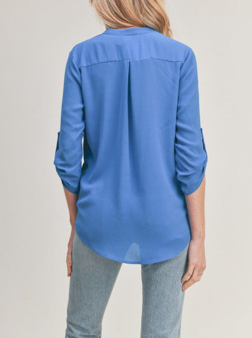 Solid V Neck Tunic Blouse - blue