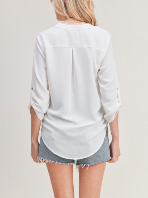 Solid V Neck Tunic Blouse - off white