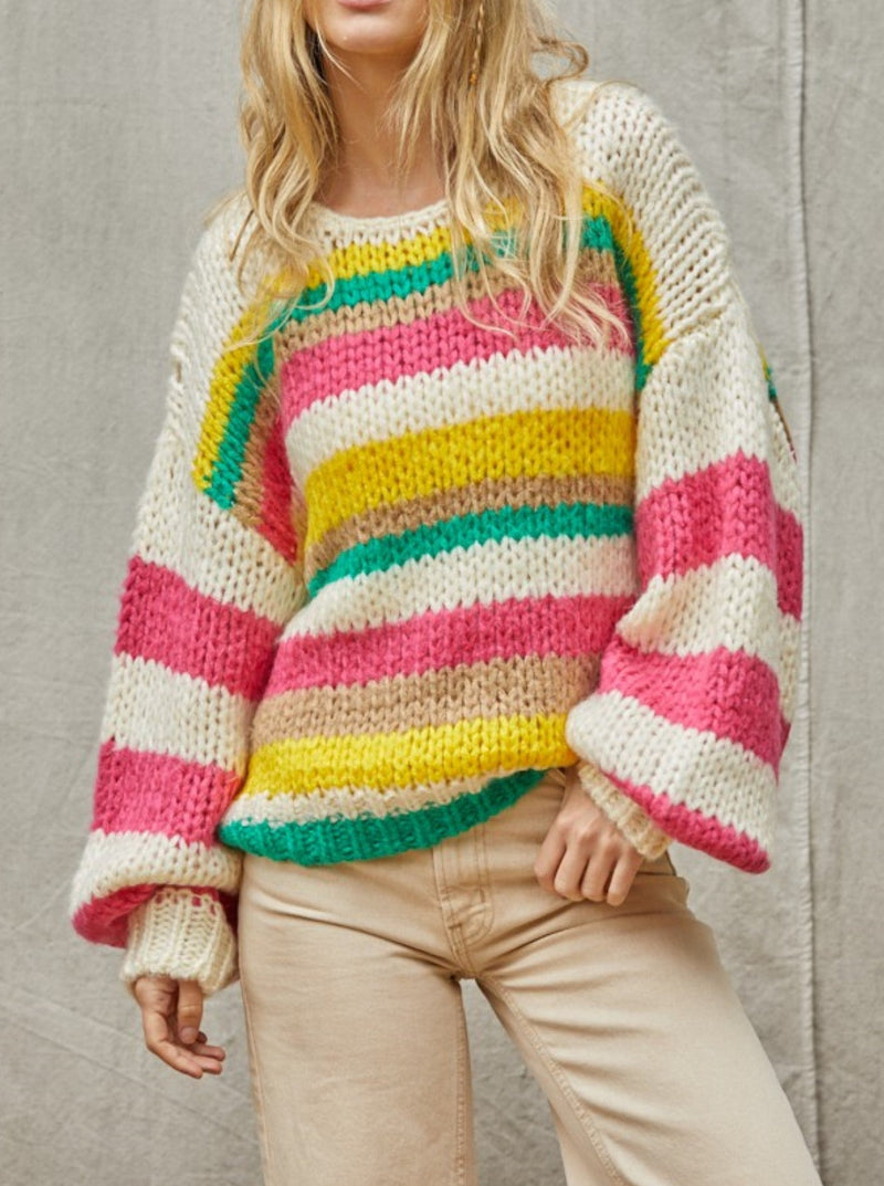 BY TOGETHER, multi color striped sweater, chunky cable knit, ivory, pink, green, yellow