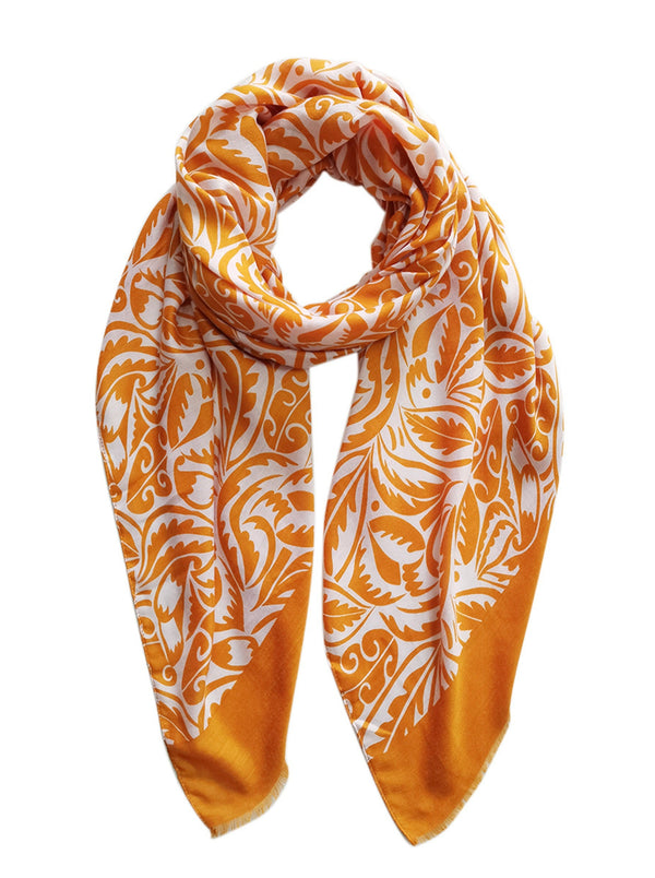 Paisley Leaf Border Print Scarf, mustard