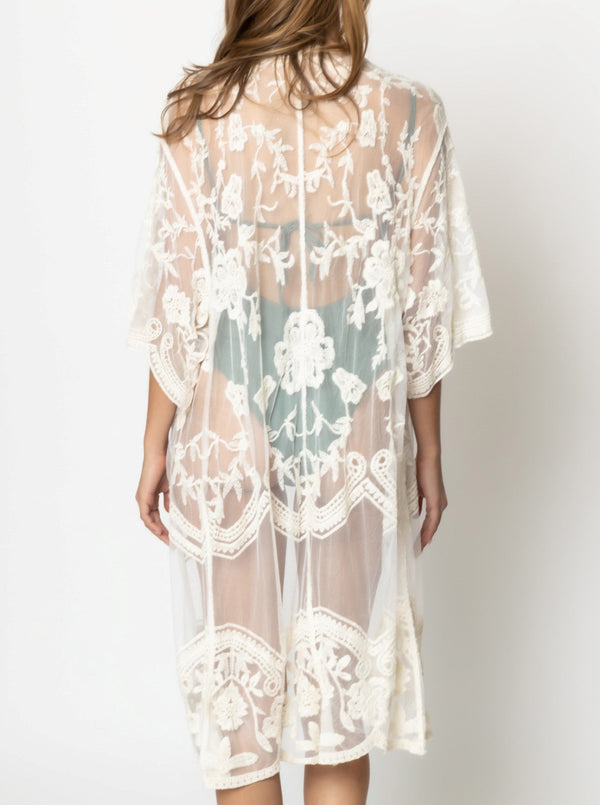 do everything in love floral lace duster, kimono sleeves, open front with tie closure, 3/4 length, ivory