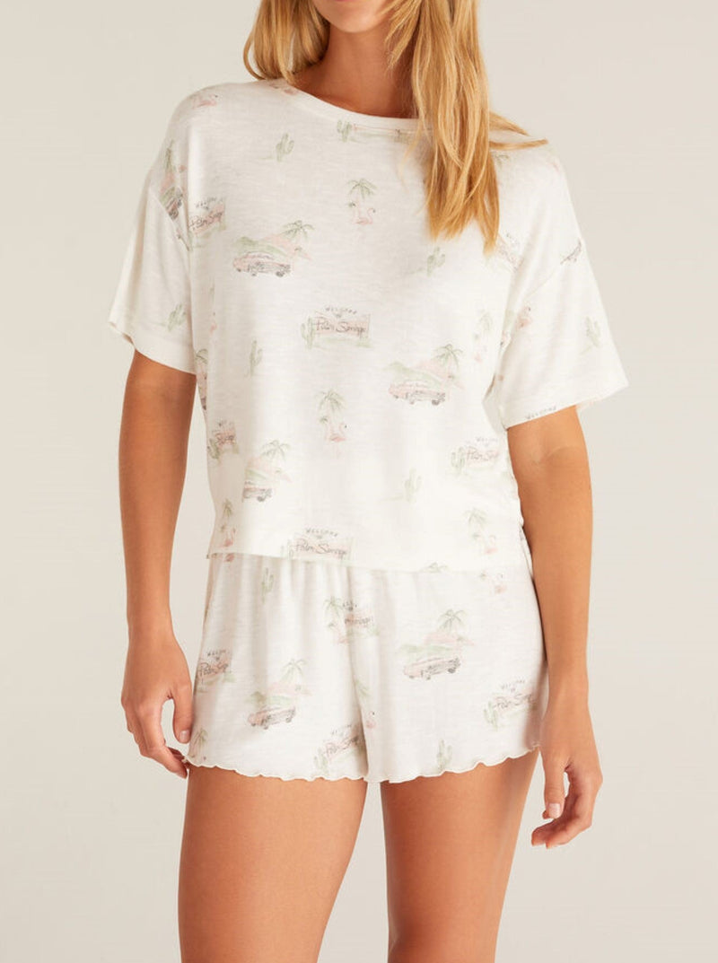 z supply Dawn Palm Springs Short, smocked waistband, lettuce edge hem, no pockets, allover print, bone