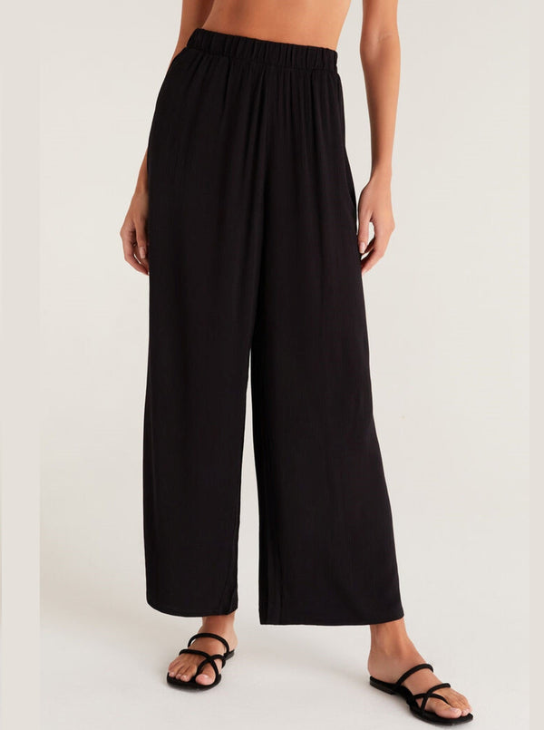 z supply santiago pull on crinkle pant, elastic waist, front pockets, wide leg, black