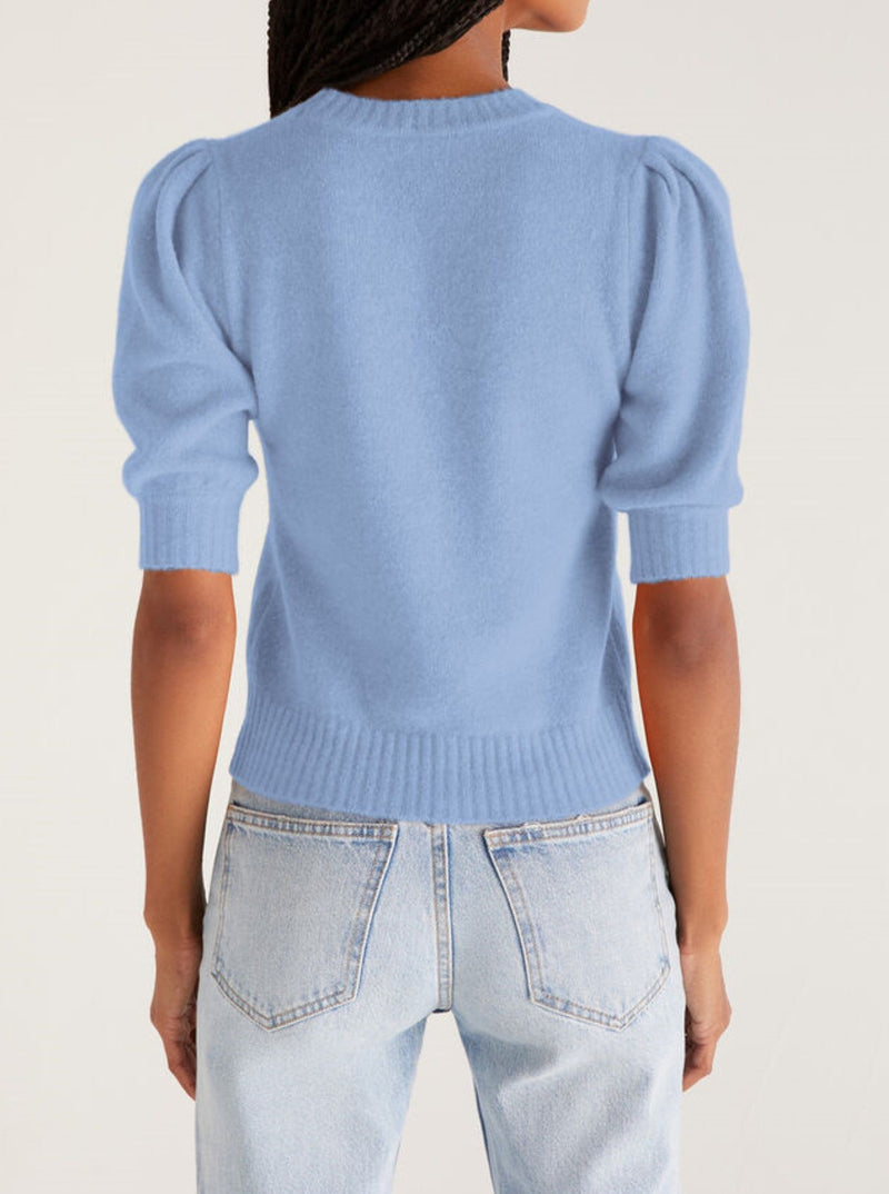 z supply cassandra sweater, crewneck, short puff sleeves, glacier blue