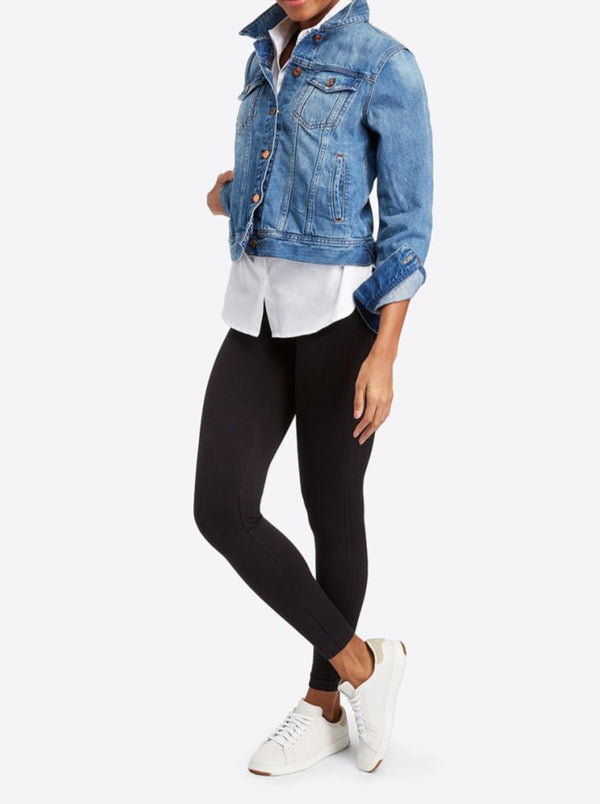Spanx | Look At Me Now Seamless Leggings, Black | side view styled on model with denim jacket
