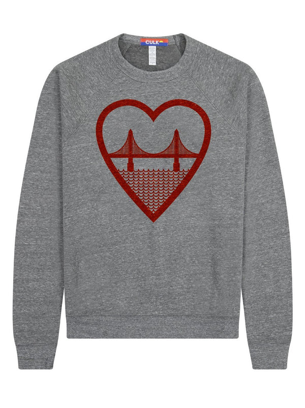 Culk | I Heart SF Unisex Sweatshirt | flat lay front view - graphic of golden gate bridge inside heart in red