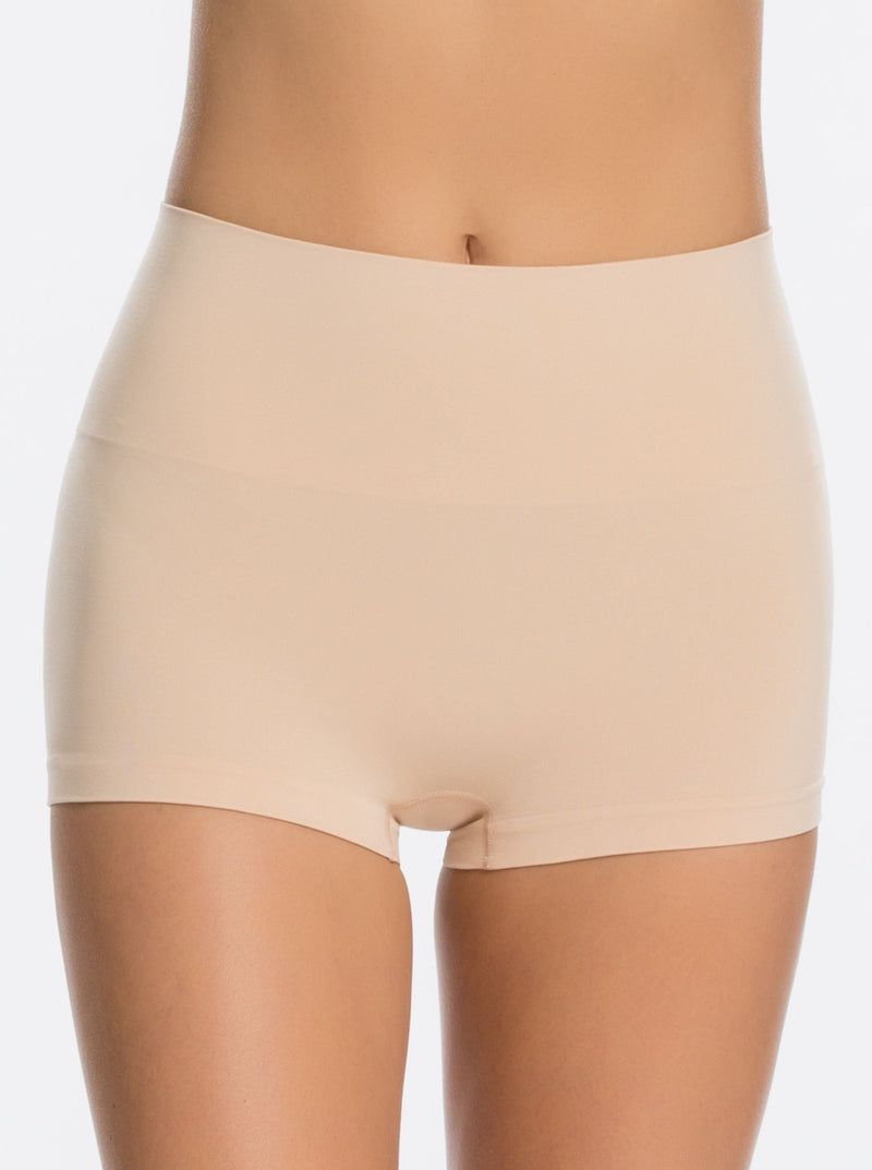 Spanx | Everyday Shaping Boyshort in Soft Nude | front view on model