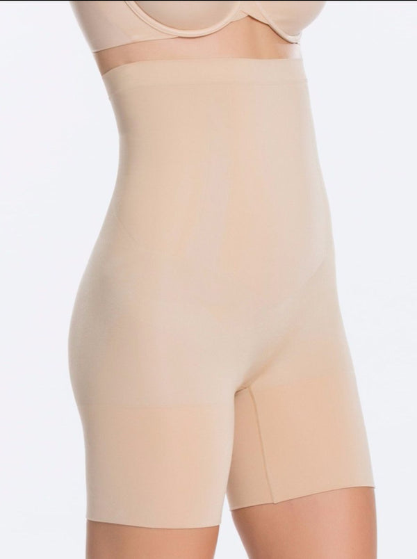 Spanx | OnCore High-Waisted Mid-Thigh Short in Soft Nude | side view on model