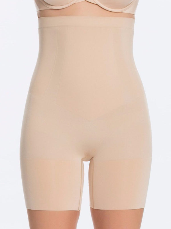Spanx | OnCore High-Waisted Mid-Thigh Short in Soft Nude | front view on model